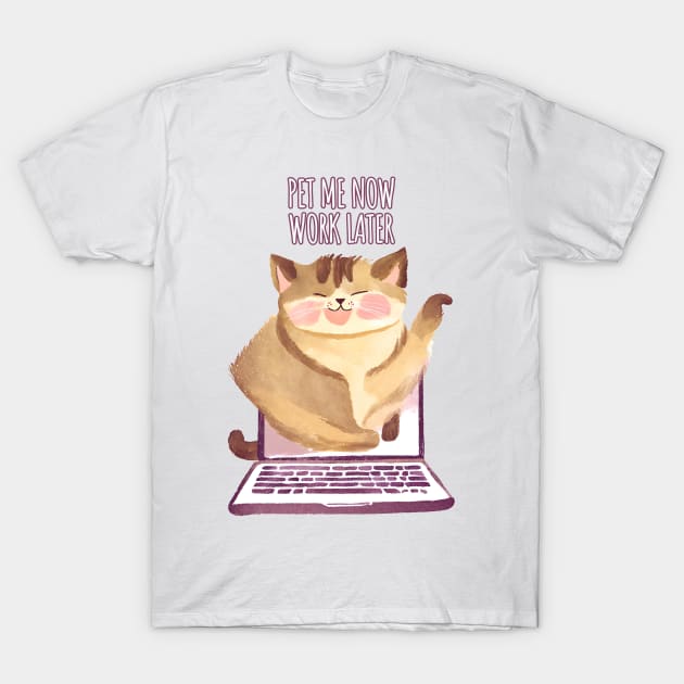 Pet Me Now Work Later - Kitten Cat out of Laptop T-Shirt by Millusti